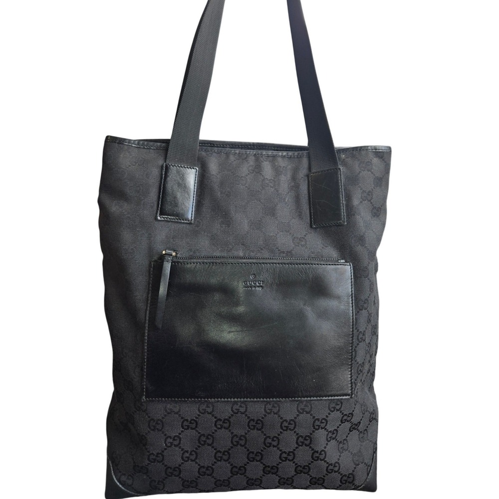 Gucci GG Monogram Canvas Tote Bag Black Leather Trim Shoulder Bag Made in Italy - Picture 12 of 12